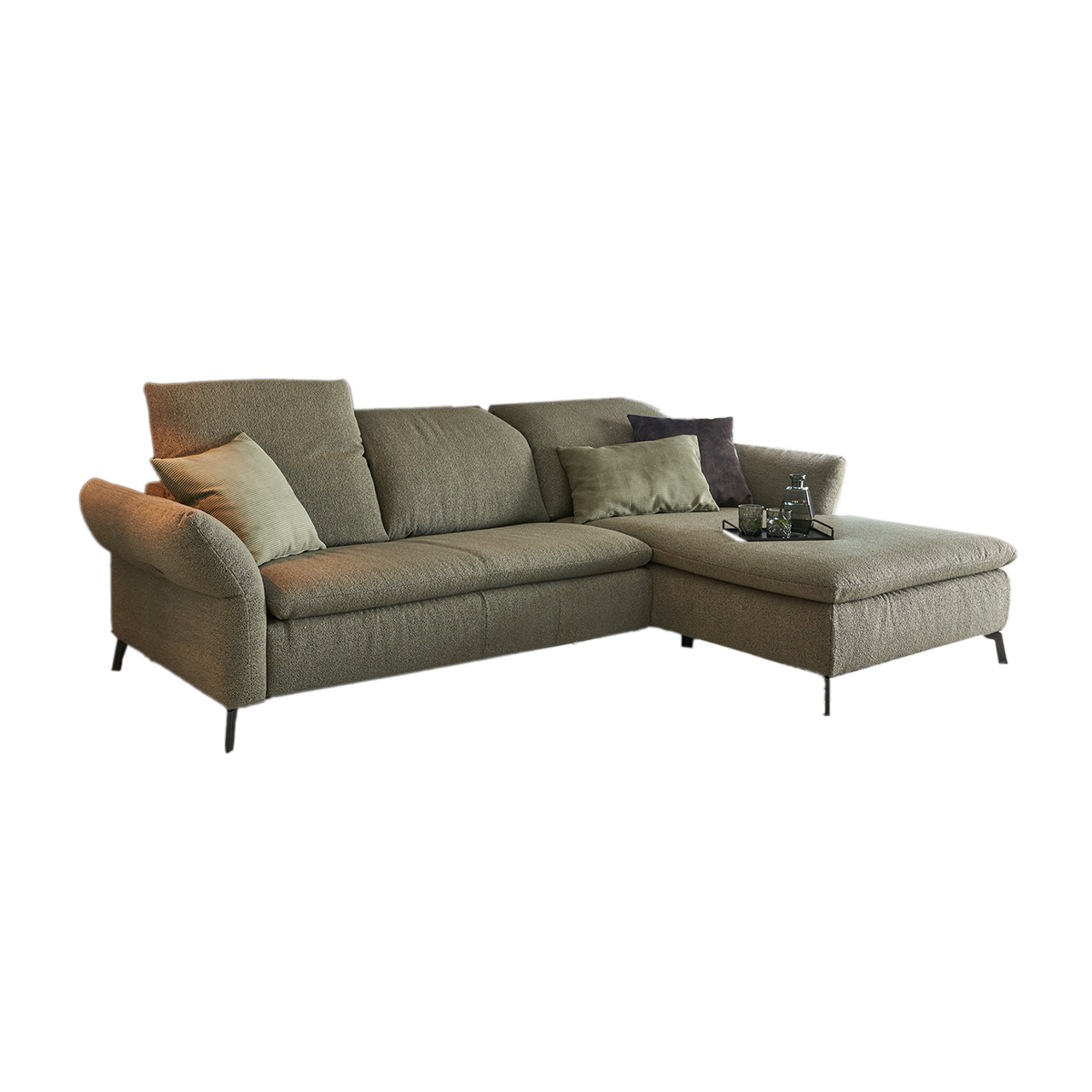 Cord Sofa Avola - Bezug: Feincord | Farbe: Sand | Modell: Longchair links |  Fuß: Kufe Metall Schwarz