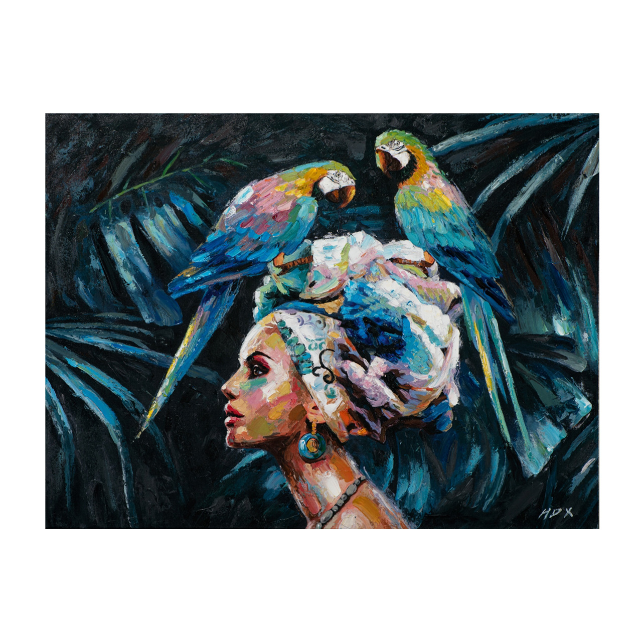 Imageland Bild Schönheit mit 2 blauen Papageien