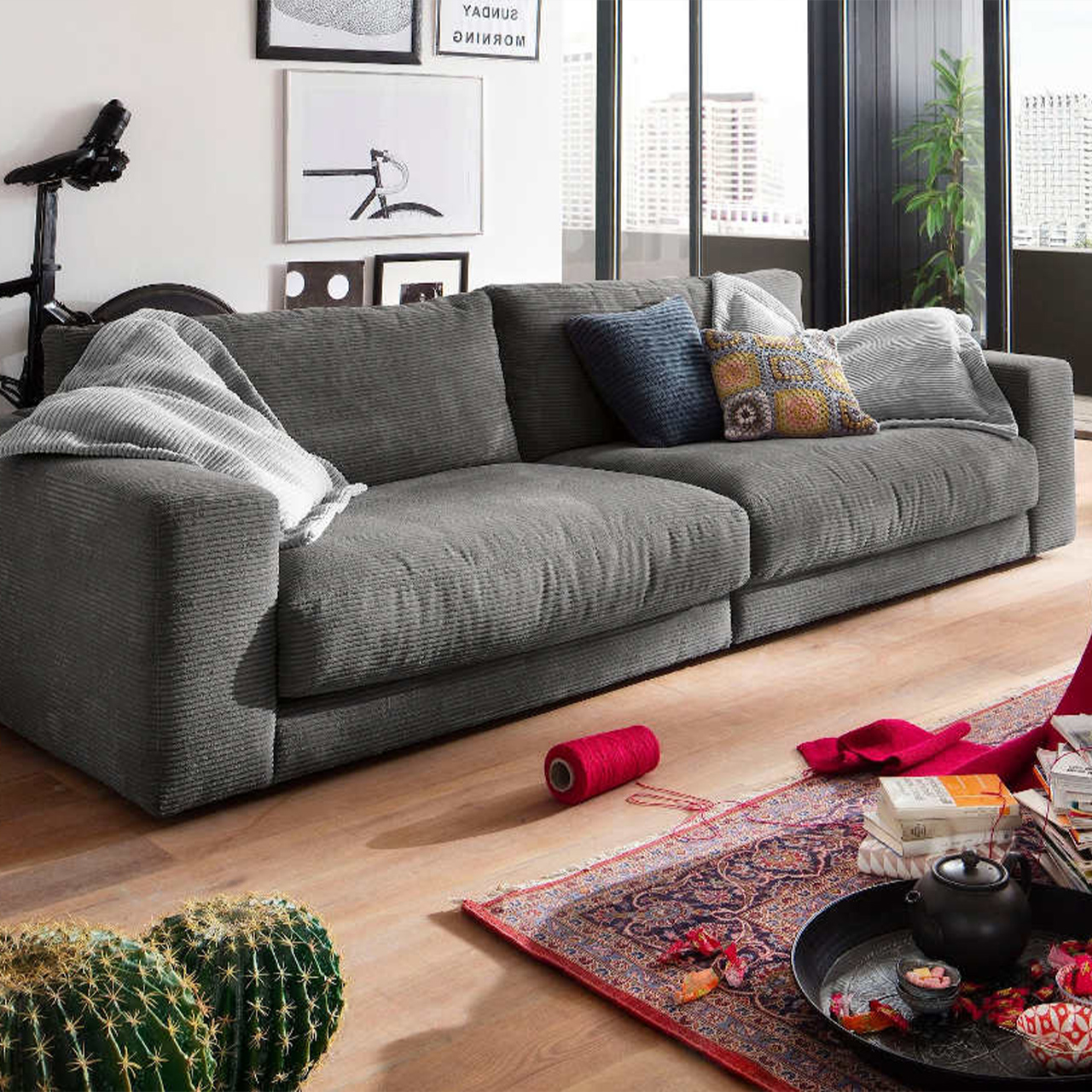 3C Candy Cord Sofa Seventies - Breite: 290 cm | Farbe: Hellgrau |  Sitztiefe: 84 cm